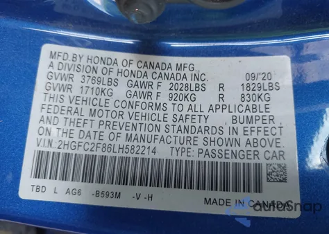 2020 Honda Civic Sport z USA, uszkodzony, nr VIN 2HGFC2F86LH582214